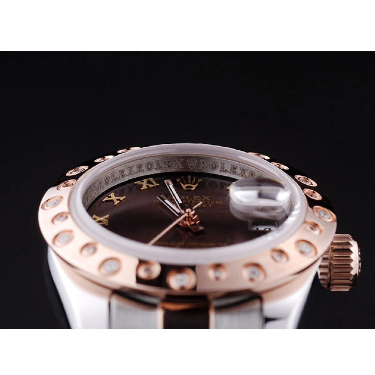 AAA Replica Watches Polished Gold Bezel Datejust Dial Brown Diamonds 7475 Rose Rolex 0524